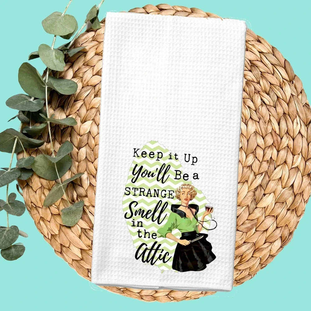 Retro Humor Waffle Weave Kitchen Towel Strange Smell in the Attic White Green